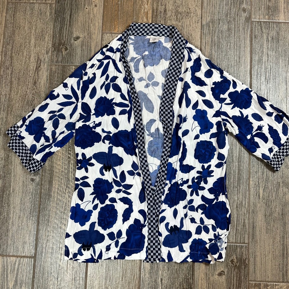 Cabi Floral Kimono Open Front M/L Blue‎ White Patterned Bohemian Chic